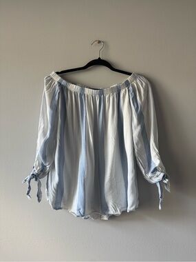Light Blue & White Striped Off-Shoulder Tie-Sleeve Top